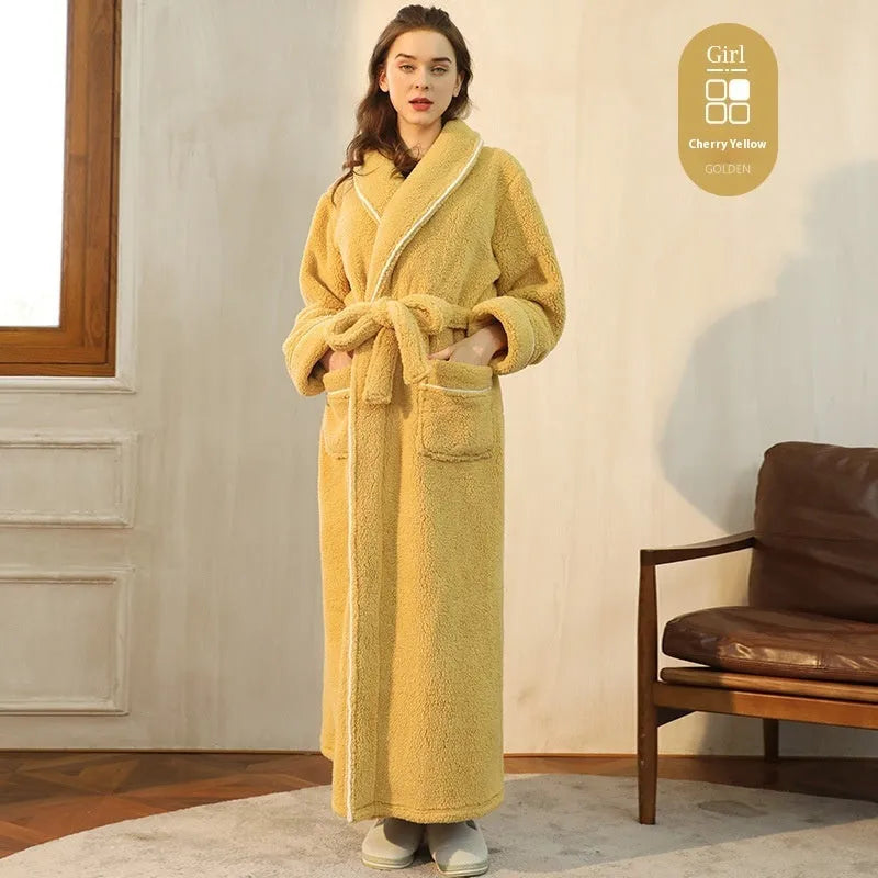 Thick flannel winter bathrobe for couples in multiple colour options like navy blue and cherry yellow.