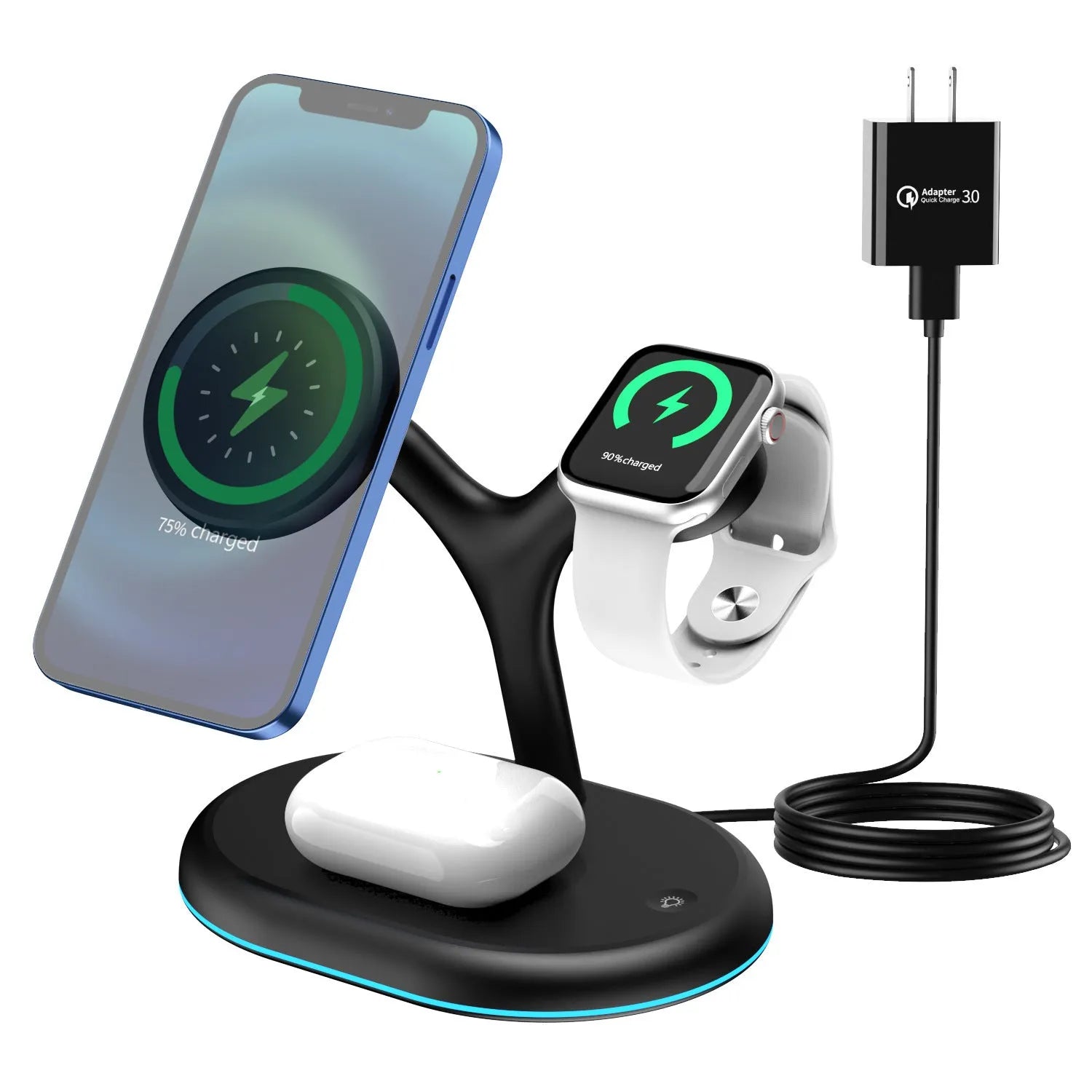 Black three-in-one magnetic wireless charger for smartphones on a plain surface