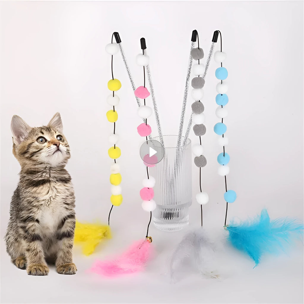 31cm long cat teaser stick wand with bell and colourful feather pompon attachments