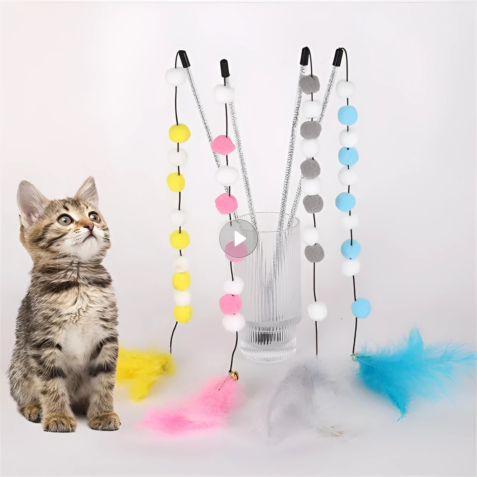 31cm long cat teaser stick wand with bell and colourful feather pompon attachments