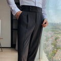 Men's straight-leg casual trousers in polyester, shown in a khaki colour on a neutral background.