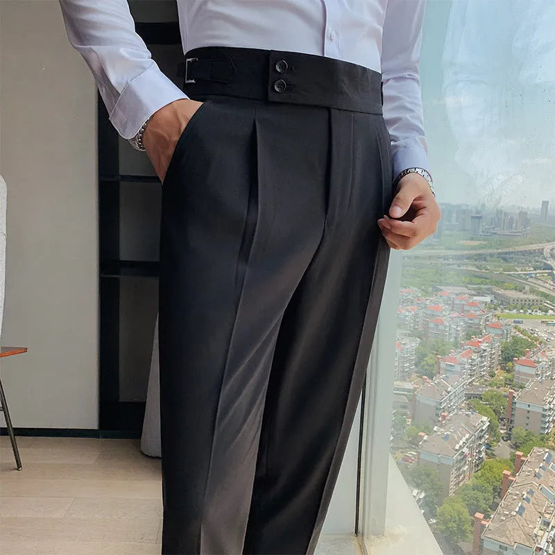 Men's straight-leg casual trousers in polyester, shown in a khaki colour on a neutral background.