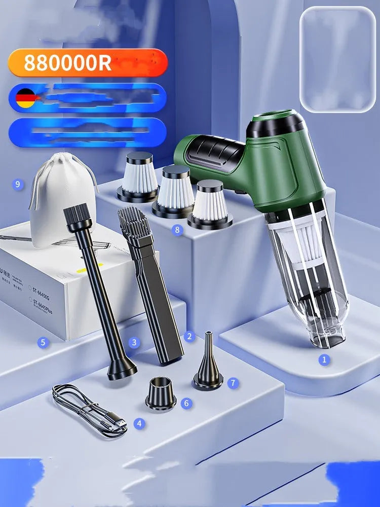 Green handheld wireless car vacuum cleaner with suction nozzle, showing blow and suction functions.