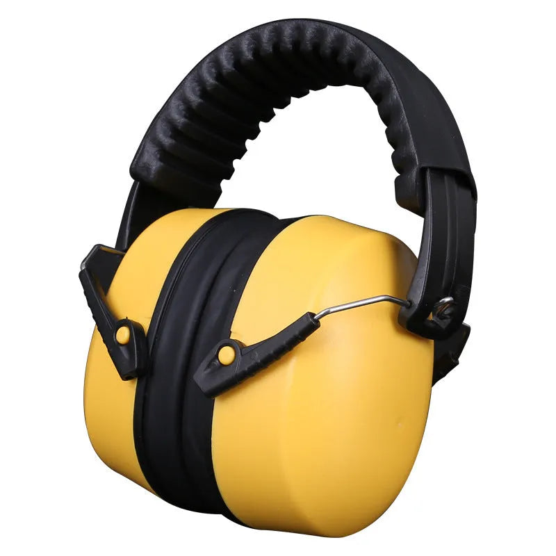 Orange head-mounted noise-cancelling earmuffs with an adjustable elastic headband on a grey background.