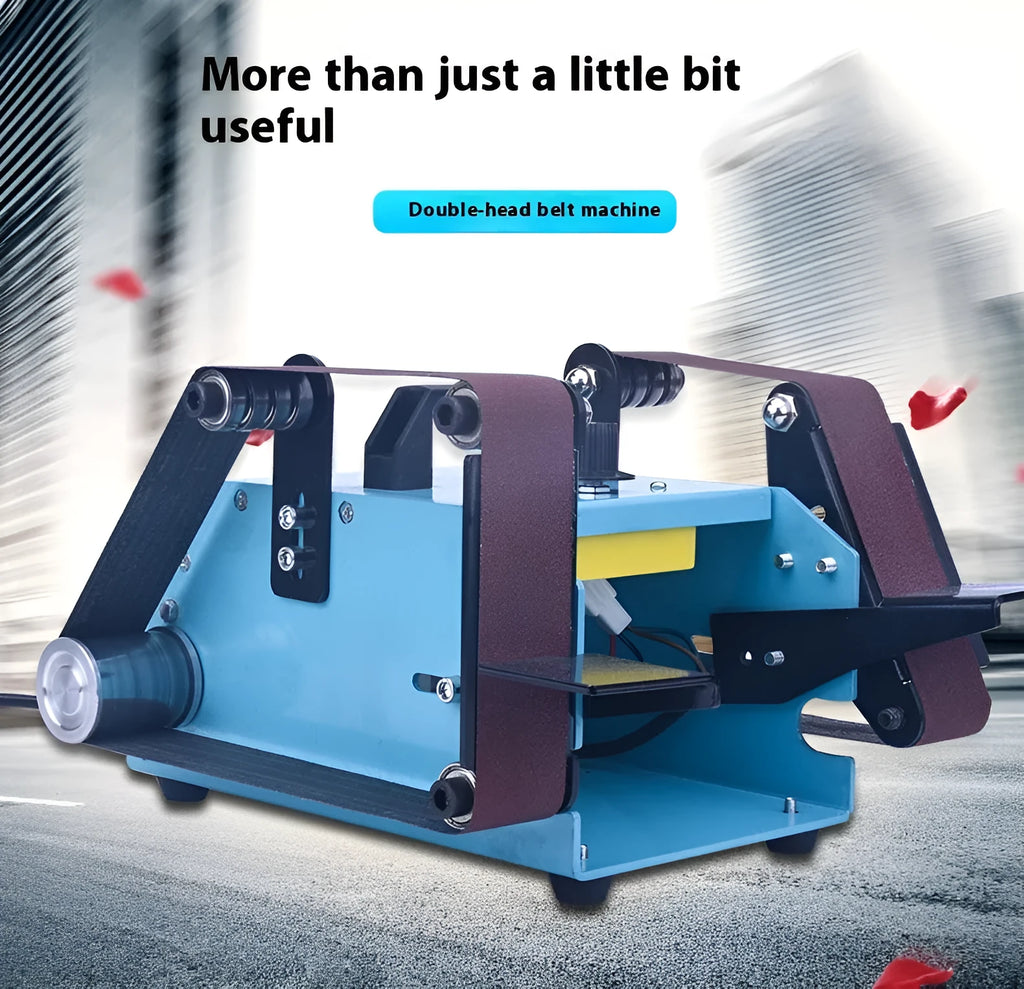 Blue desktop dual-axis belt sander with a 750W motor and variable speed switch for sharpening and polishing.
