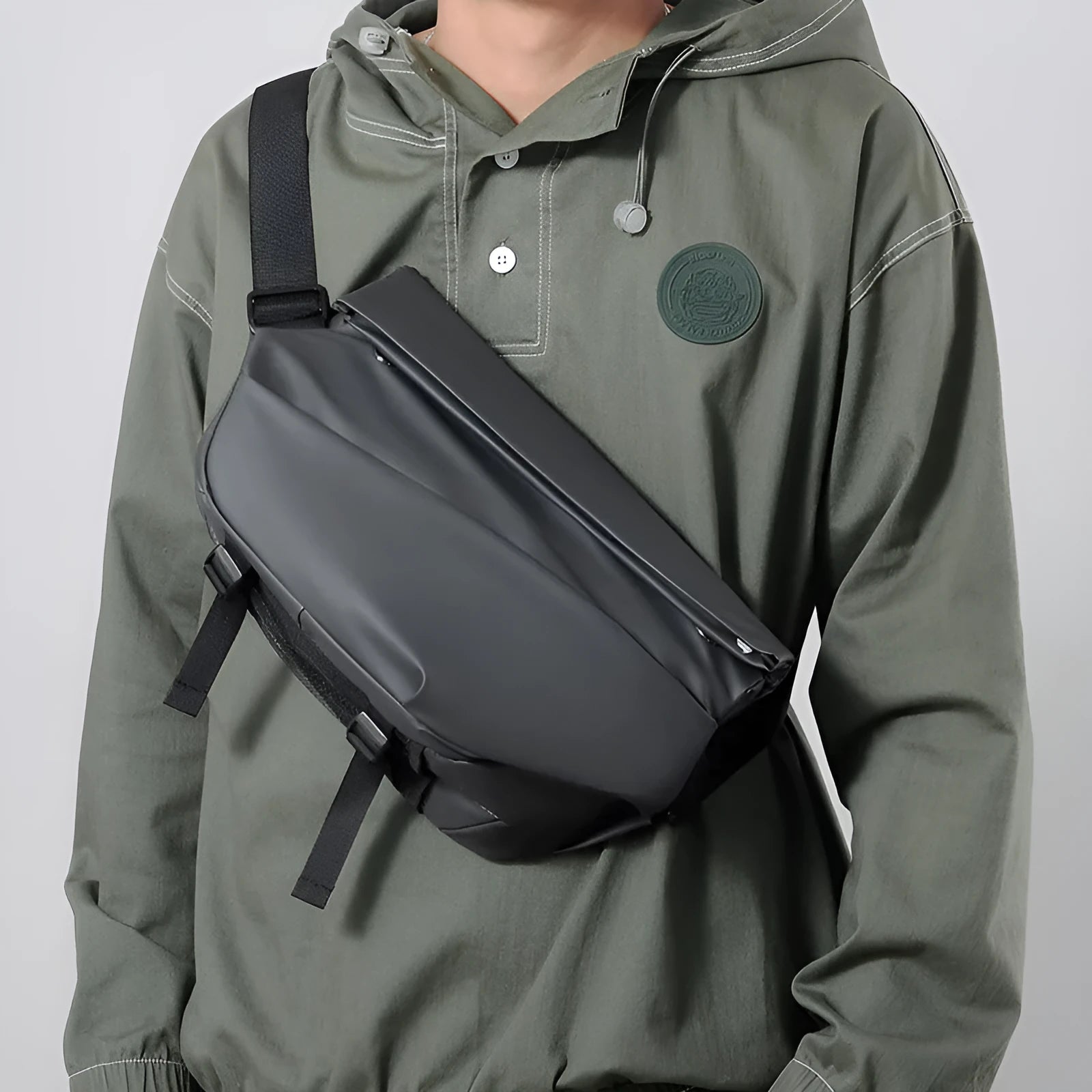 Grey PU leather crossbody sling bag with internal phone and document pockets