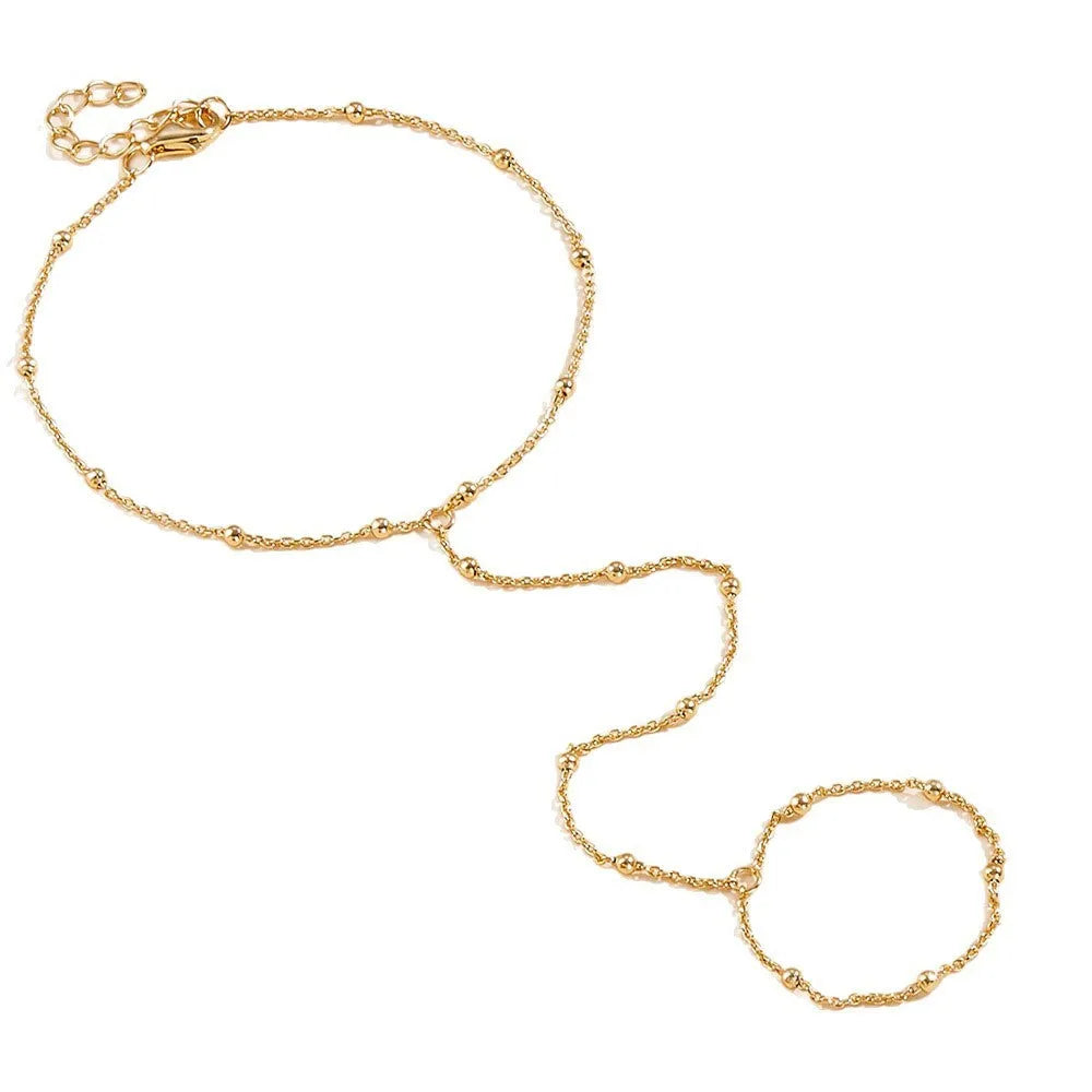 Gold electroplated alloy mitten-type round bead bracelet for women with geometry shape and simple style
