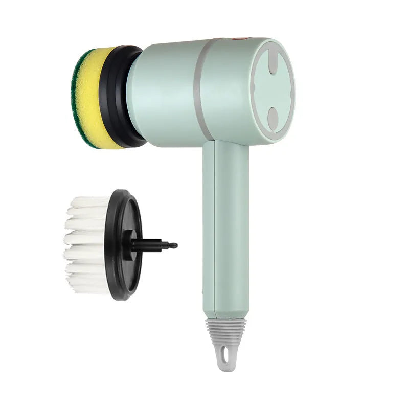White rechargeable electric cleaning brush with multiple scrubber heads on a kitchen worktop.