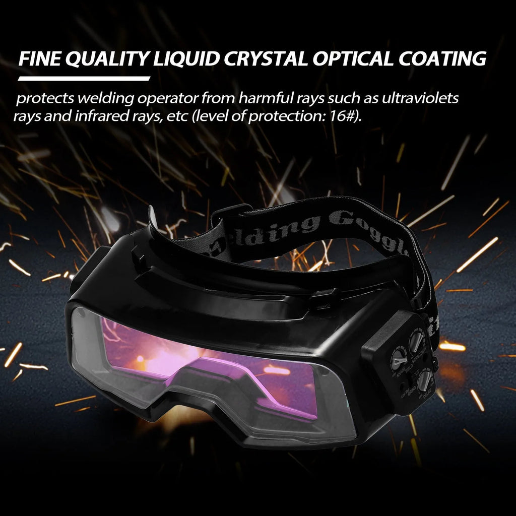 Black automatic darkening welding mask glasses with a large rectangular LCD viewing lens.