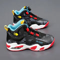 Children's rotating button basketball shoes in multiple colours with synthetic leather upper and PU sole.