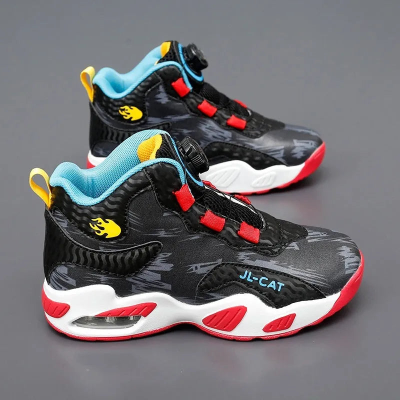Children's rotating button basketball shoes in multiple colours with synthetic leather upper and PU sole.
