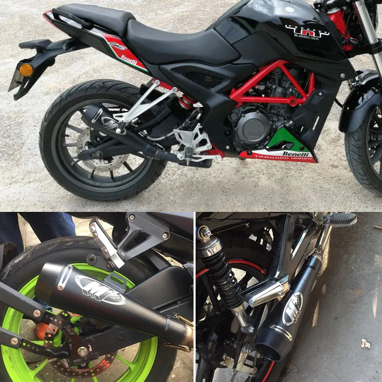 M4 style universal motorcycle exhaust pipe shown in black, titanium, and blue finish options.