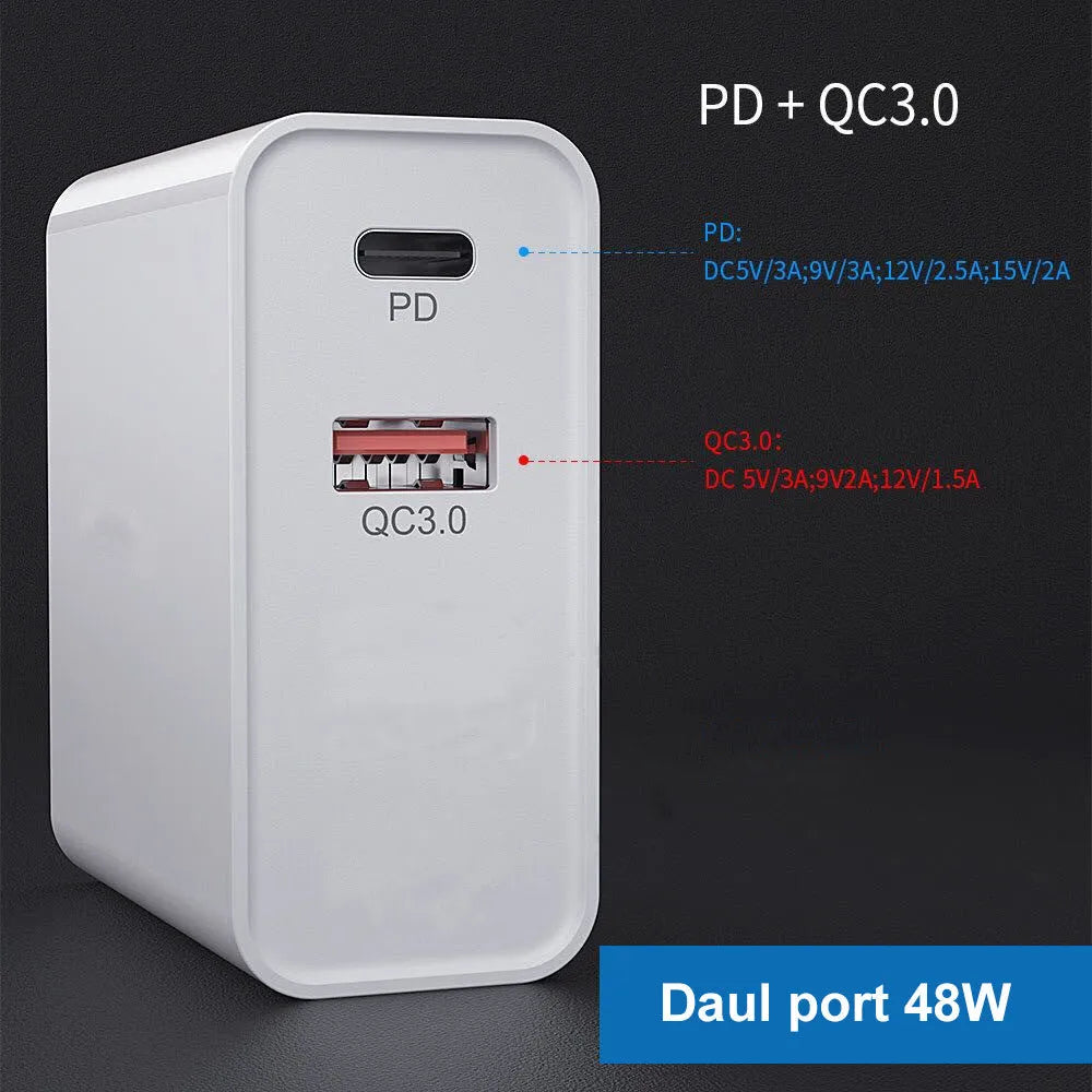White multi-port fast charger with PD and QC technology showing multiple USB ports
