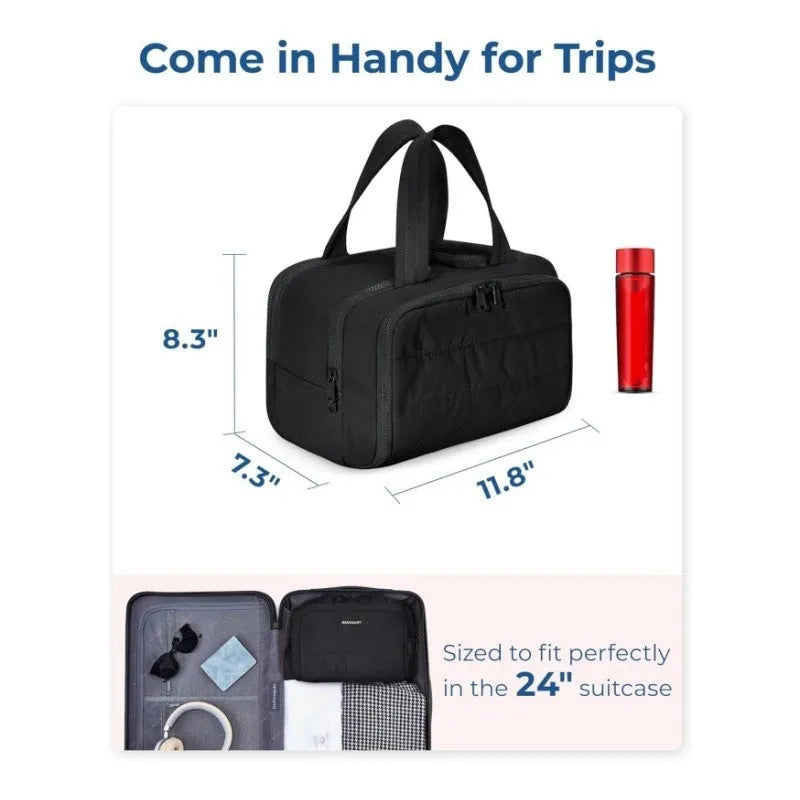 Lightweight large travel toiletry bag with wide opening and fluffy interior lining