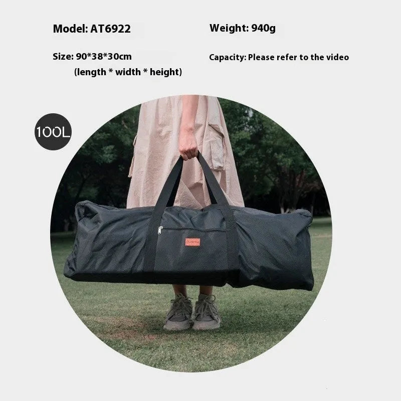 Green waterproof camping storage bag shown expanded and compressed, holding a folding chair and tent.