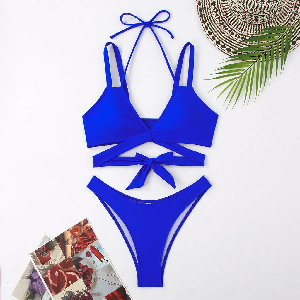 Solid colour strapless bandeau bikini with high-waisted briefs in black, red, blue, rose, and white.