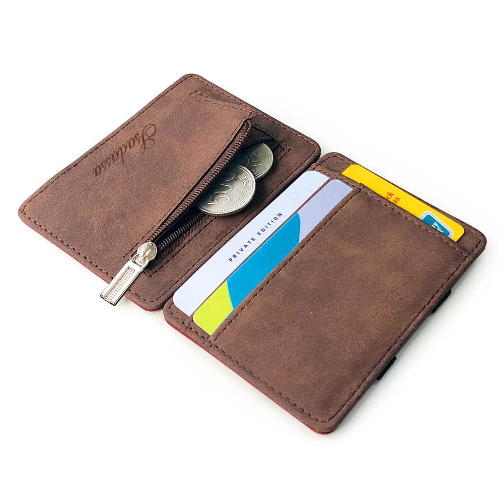 Korean style matte leather magic wallet in horizontal square shape, showing coin pocket and sewing line details.