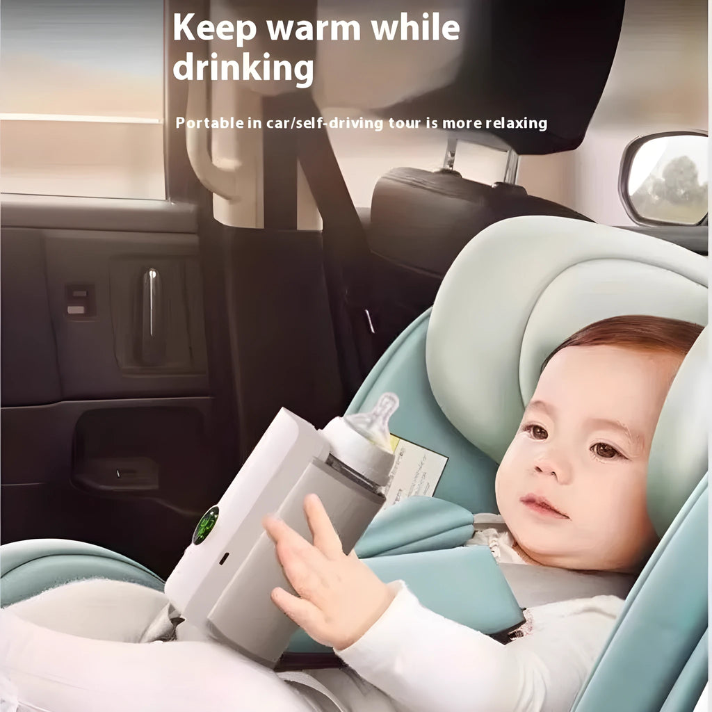 Grey and white car charger electric milk warmer for baby bottles on a car seat.