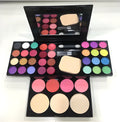 Three-layer makeup box with 24 colour eyeshadows, 8 lipsticks, blushes, powders, brushes, and mirror