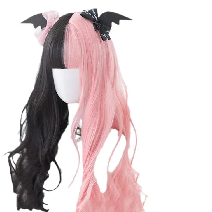 Long curly black and pink synthetic Lolita wig with bangs, styled for Harajuku cosplay.