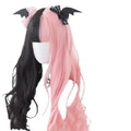 Long curly black and pink synthetic Lolita wig with bangs, styled for Harajuku cosplay.