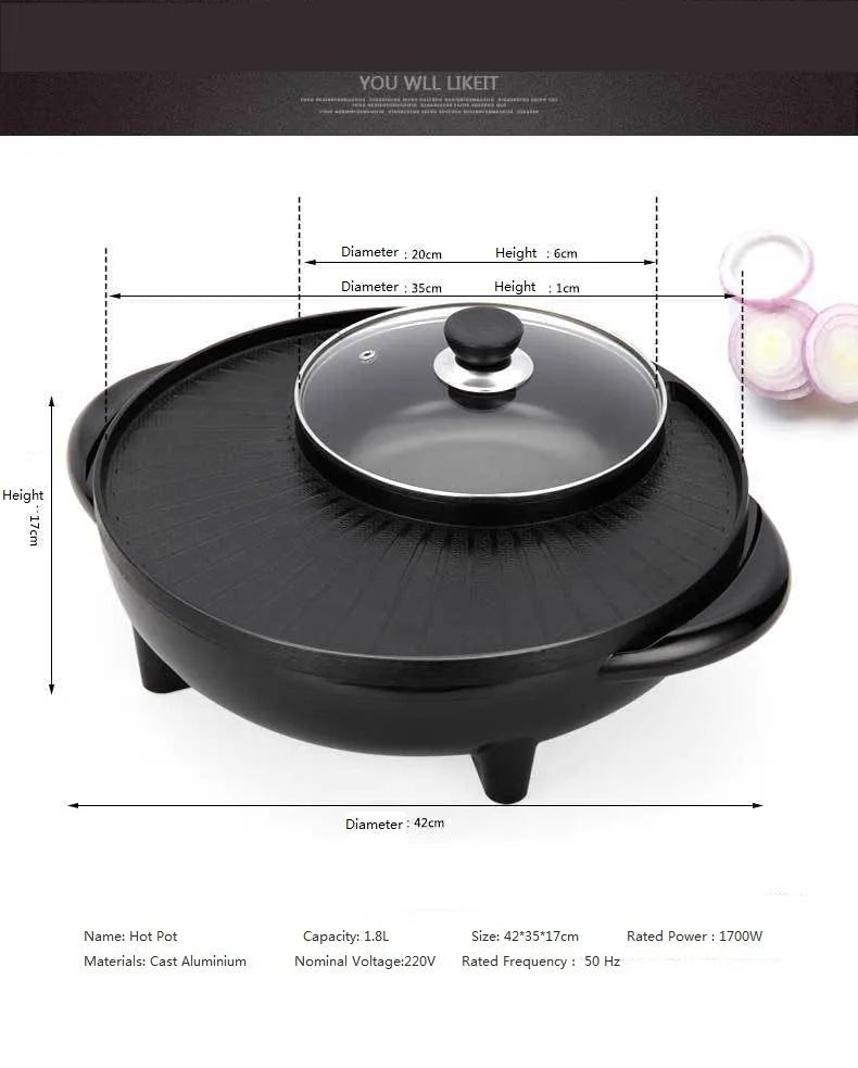 Black electric multifunction hot pot grill with 36cm aluminium alloy cooking surface and control panel