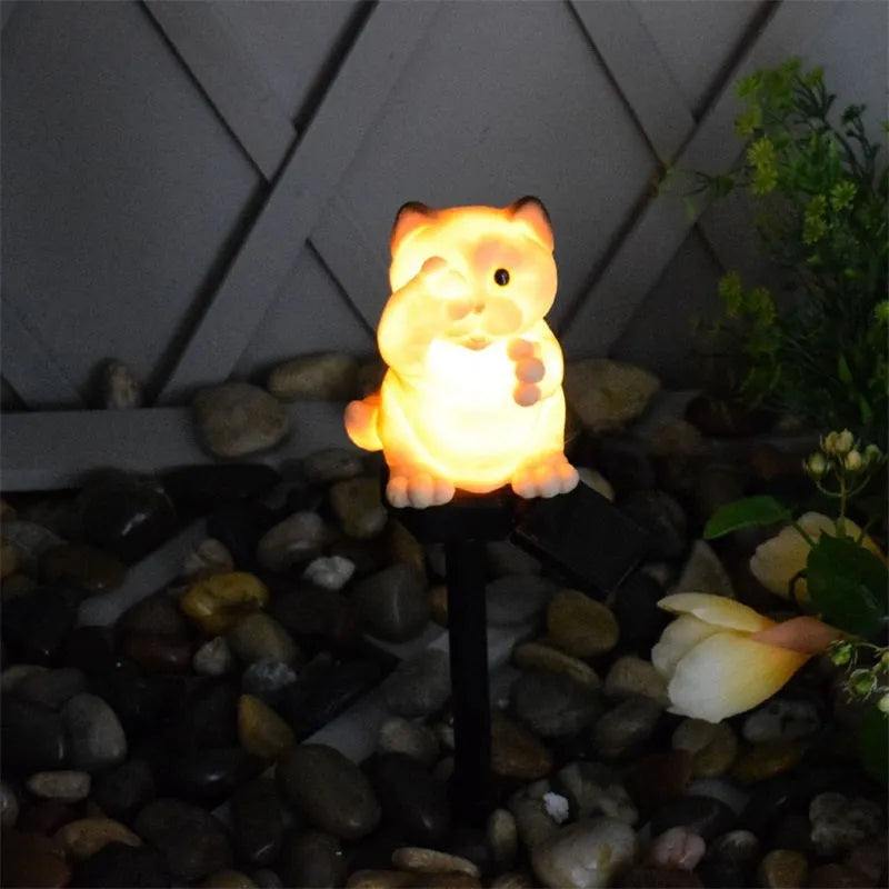 Brown cat-shaped solar lawn light for garden pathway illumination