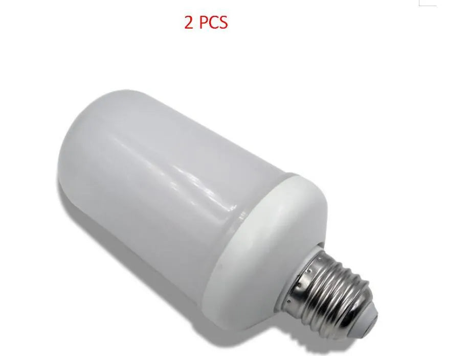 Close-up of a lit LED bulb emitting a realistic orange flickering flame light effect.