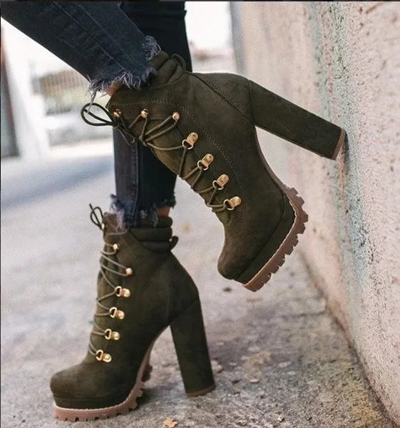 Women's suede high heel combat boots in army green with thick heel and buckle details