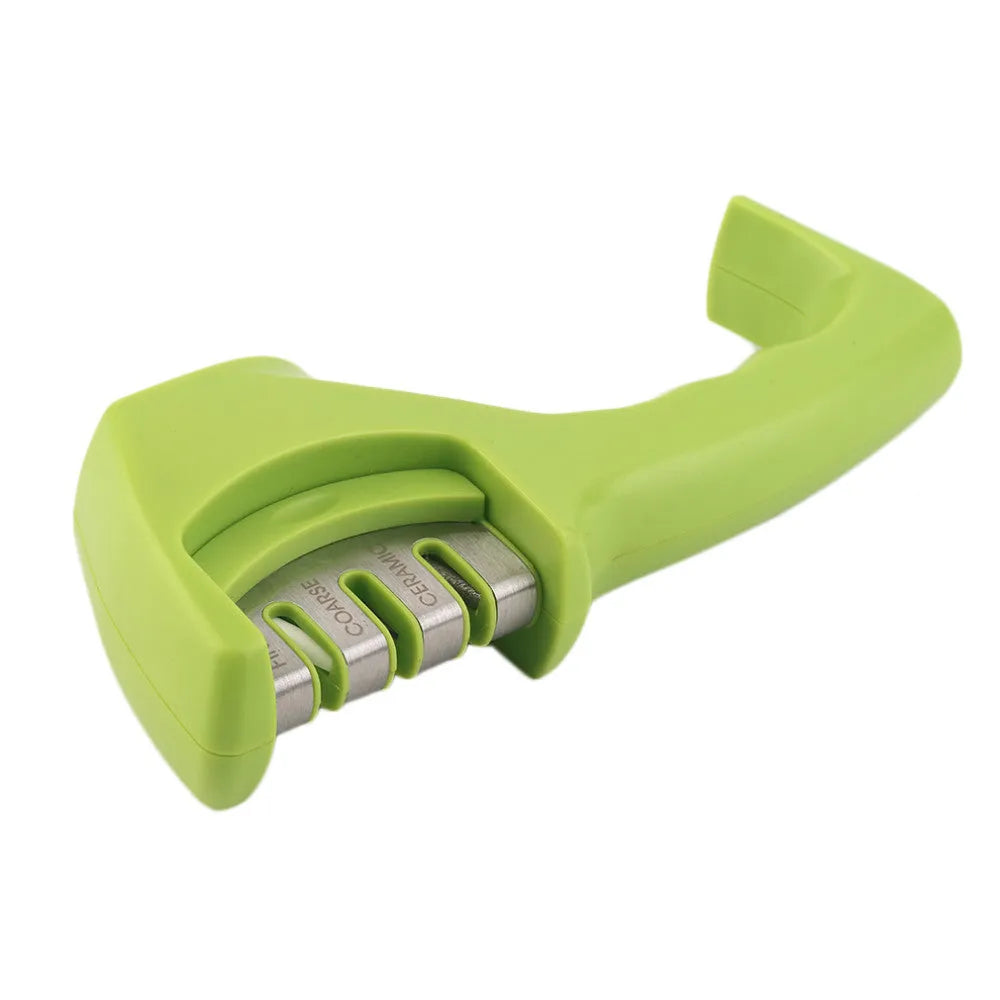 Professional three-stage manual knife sharpener in black with anti-slip rubber feet