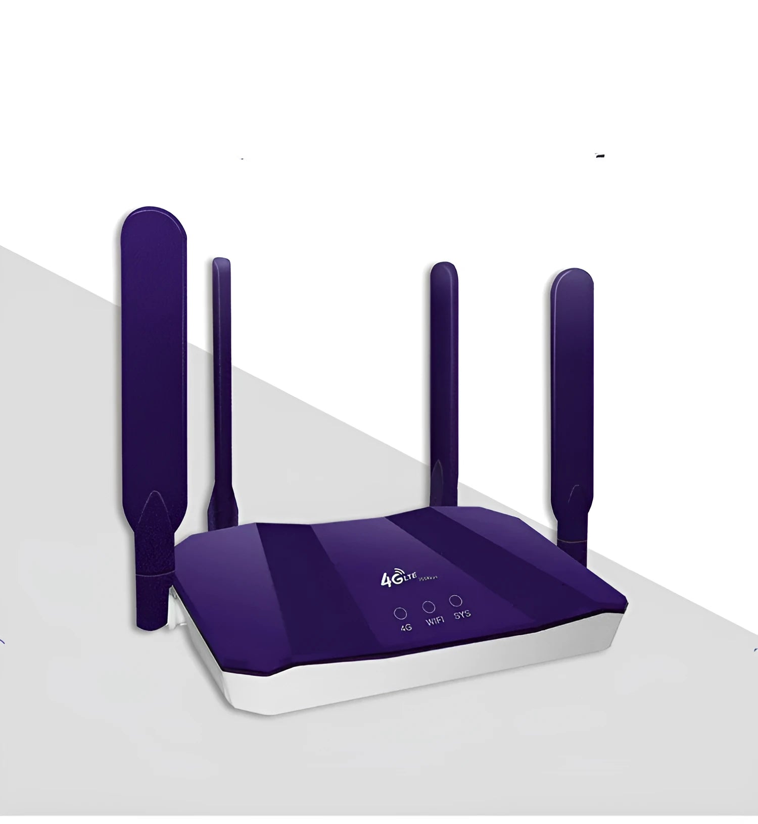 Blue 4G dual mode router with four external antennas showing dimensions 153x137x21mm