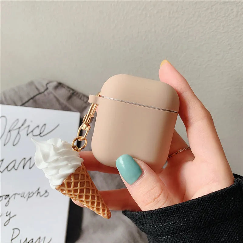 AirPods 2 silicone protective case with cylinder ice cream design showing clear lid and photo colour options