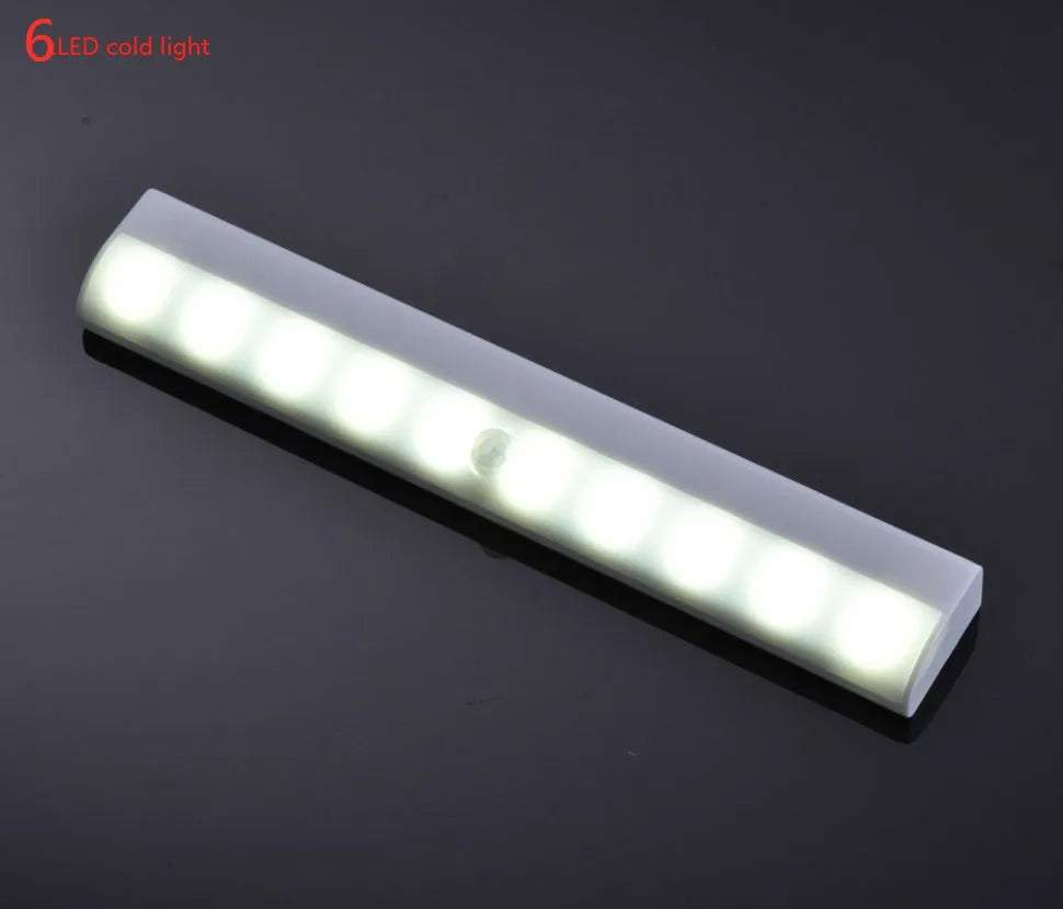 Silver aluminium LED closet light with motion sensor and magnetic back, shown illuminating a wardrobe.
