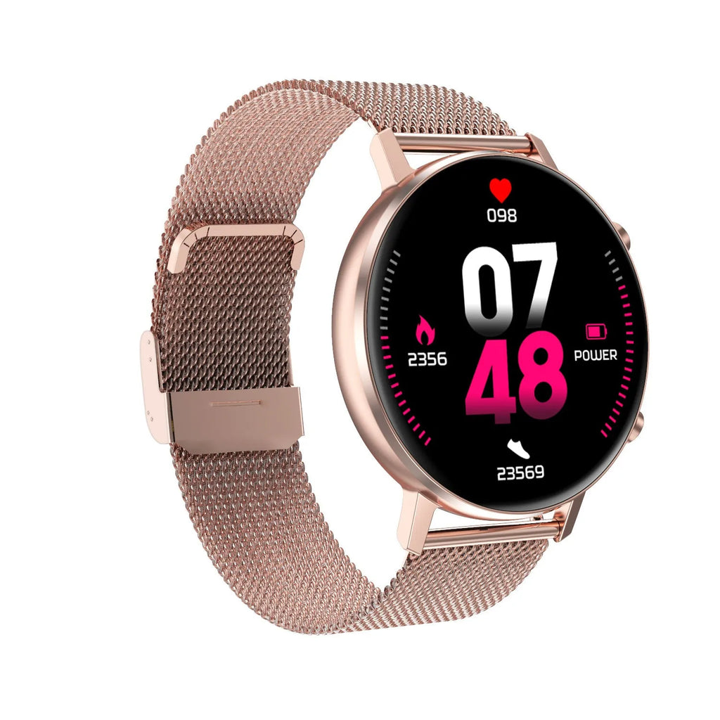 DT96 Smart Bracelet with 1.3-inch screen on stainless steel strap in black, rose gold, or silver
