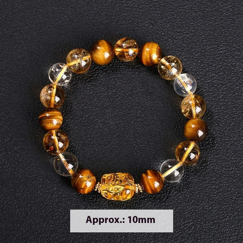 Yellow Tiger's Eye and citrine Pi Xiu bracelet with 10mm round geometric beads and steel details