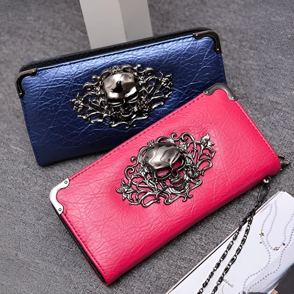 Long zipper PU leather women's wallet in black with card slots and coin pocket