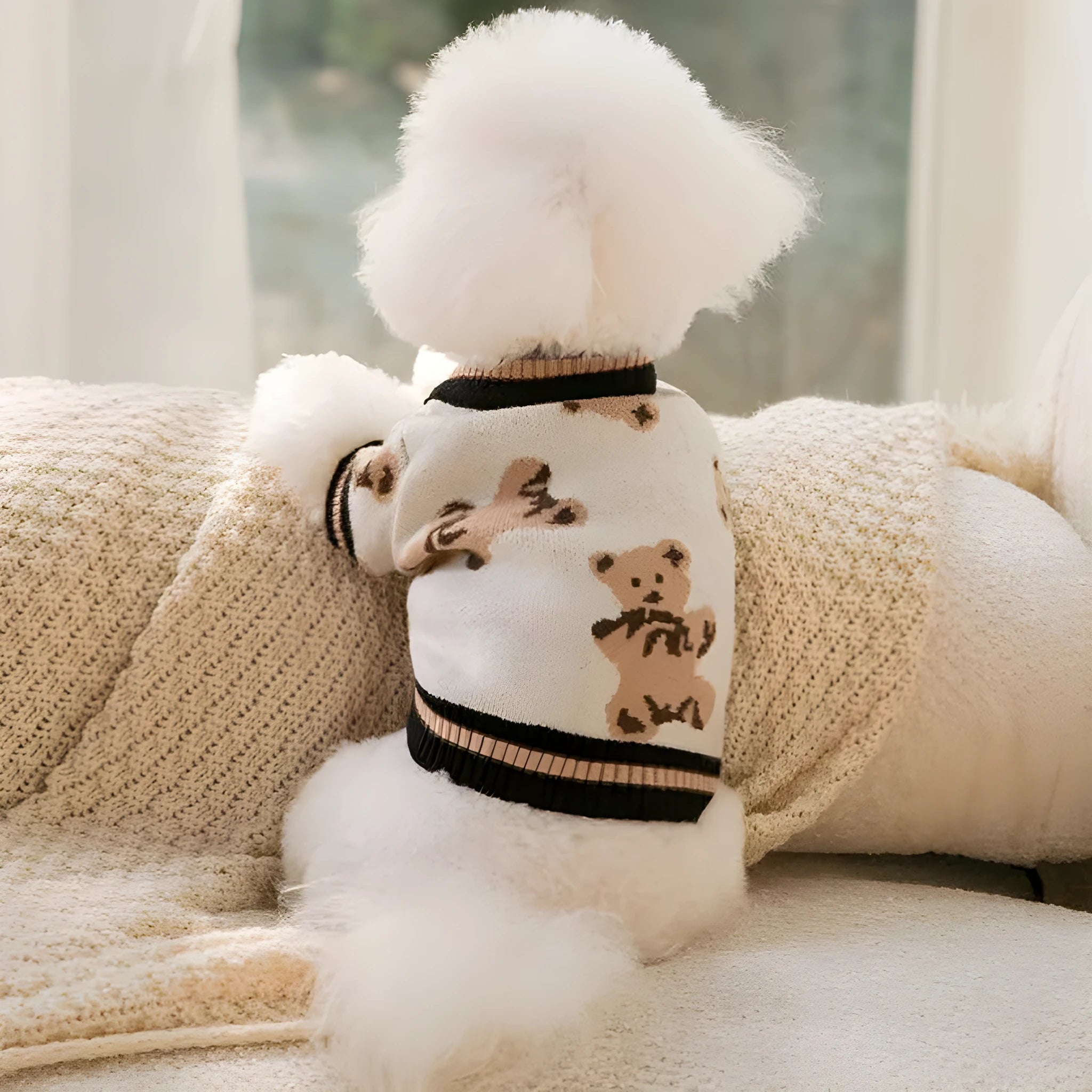 Preppy style wool striped pet sweater for dogs cats in beige colour with V-neck and leash hole on back
