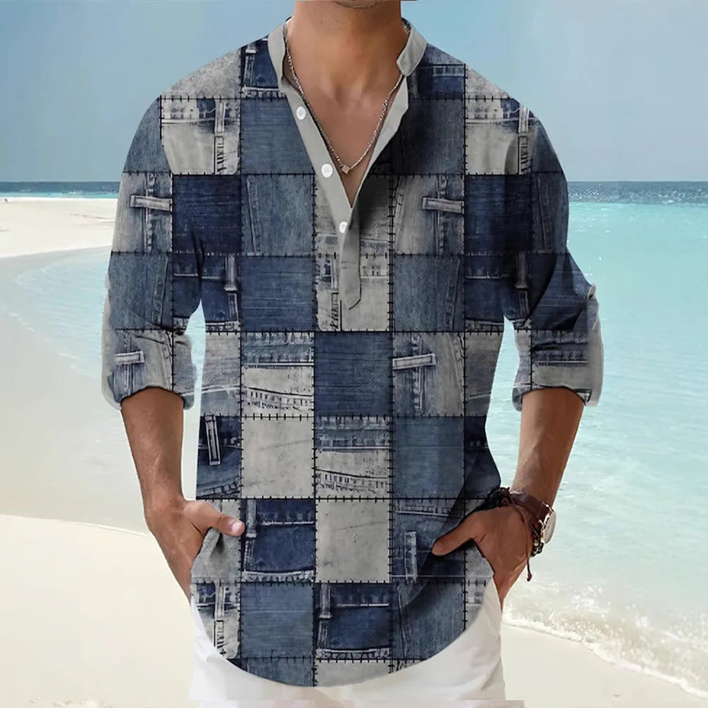 Man wearing a thin striped long sleeve casual shirt in a digital bamboo linen Hawaiian style.
