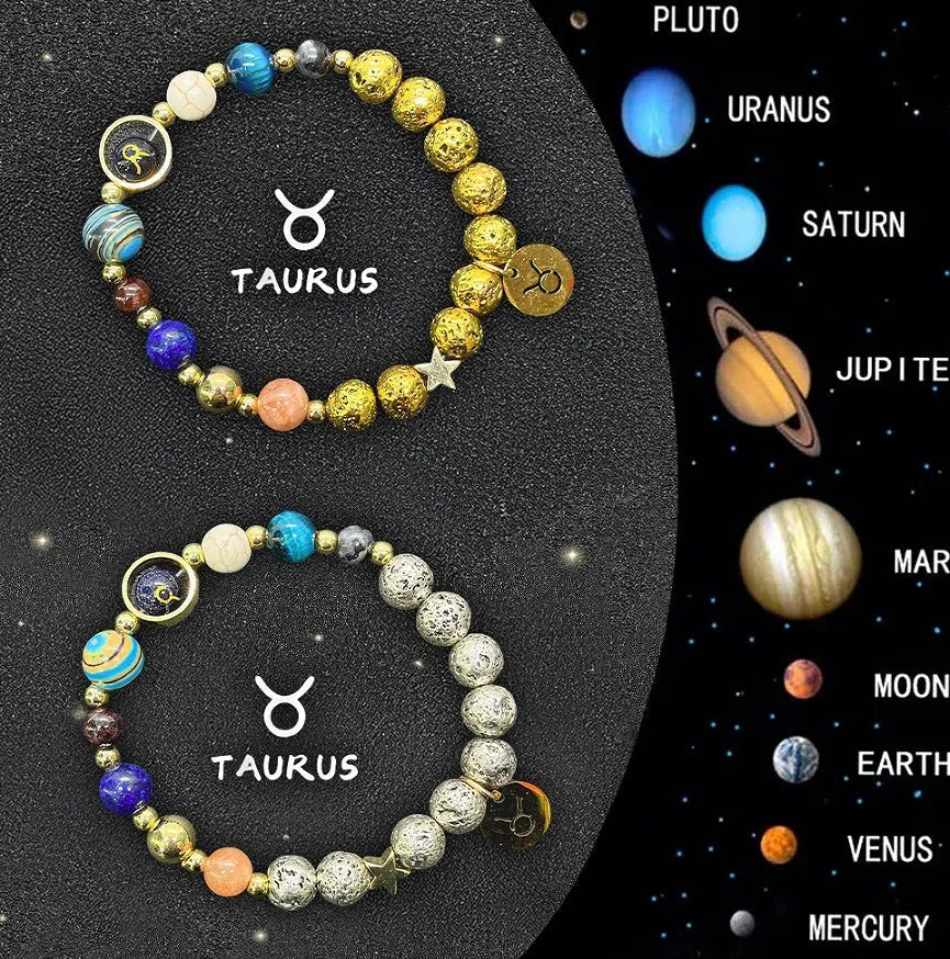 Two natural stone beaded bracelets showing different zodiac sign designs on a table.