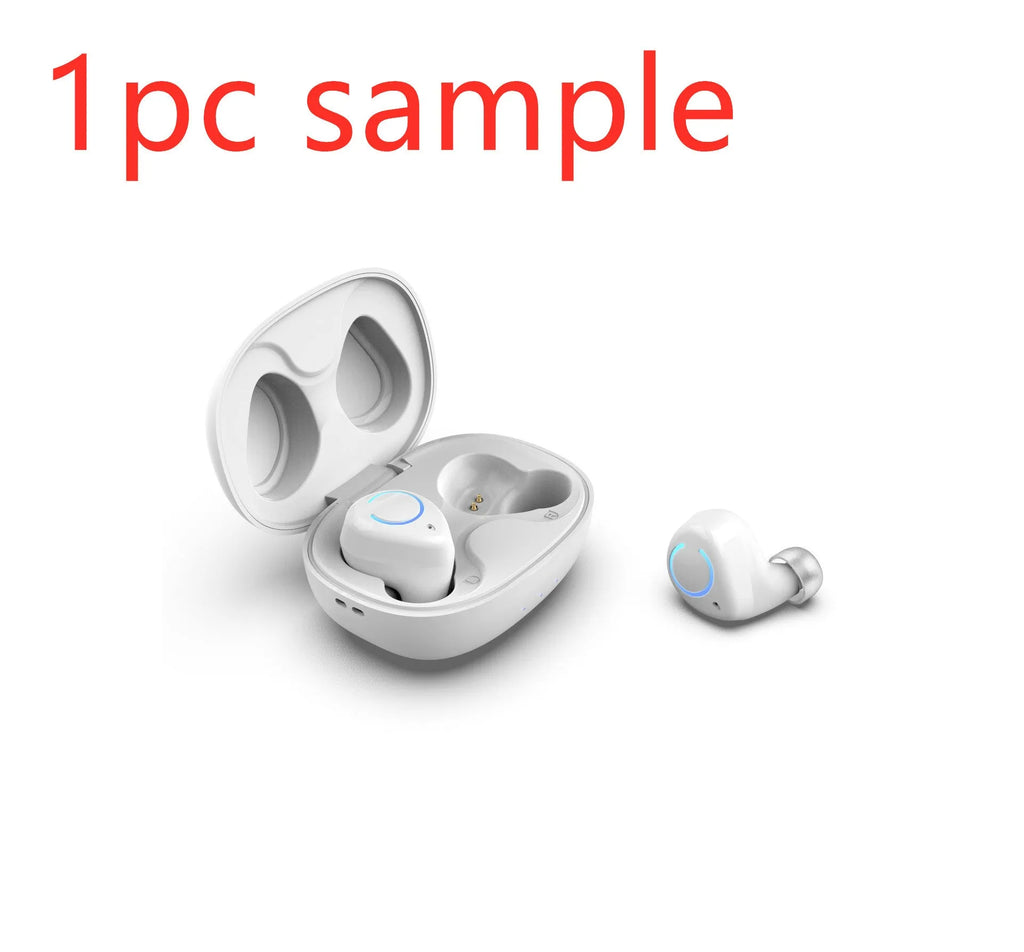 Black and white M18 true wireless Bluetooth in-ear headset with charging case.