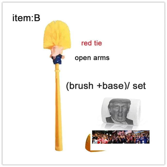 Yellow plastic Donald Trump novelty toilet brush with hanging handle, 40cm long
