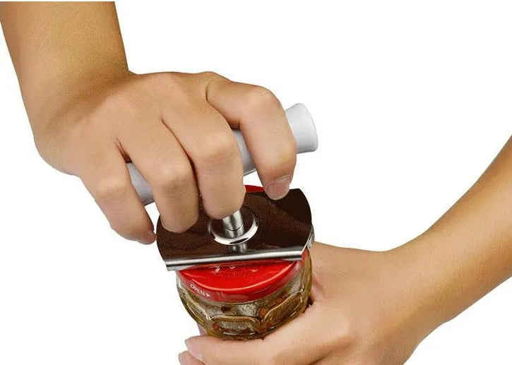 White stainless steel adjustable bottle opener with gear mechanism and polypropylene handle