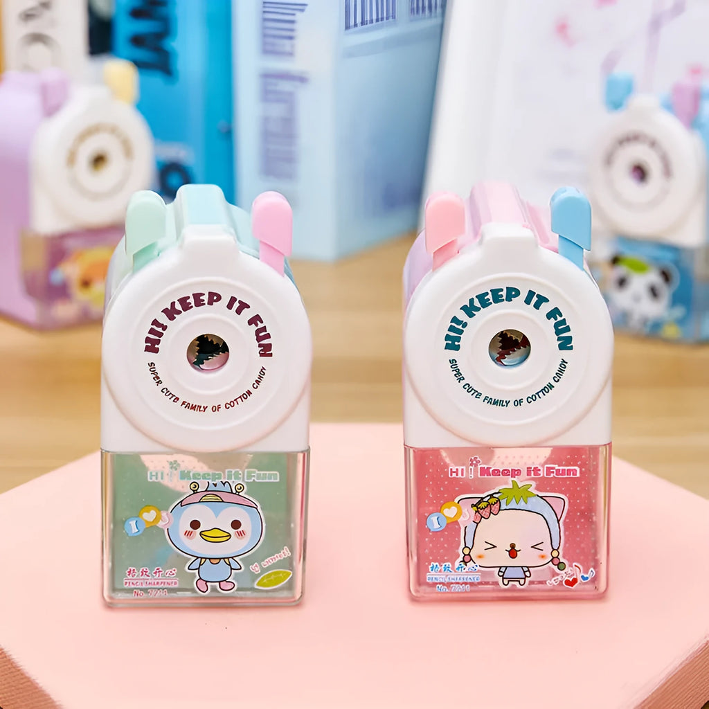 Cartoon cute pet geometric plastic manual pencil sharpener in blue, green, pink, or purple colour options.
