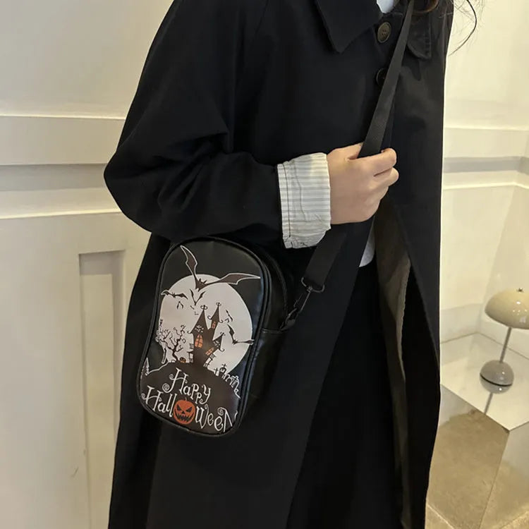 Halloween graffiti crossbody phone bag with pumpkin ghost bat cartoon prints in black colour