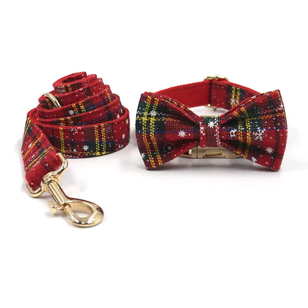 Red Christmas pet collar and harness set with matching leash, bow, and waste bag featuring laser-etched patterns