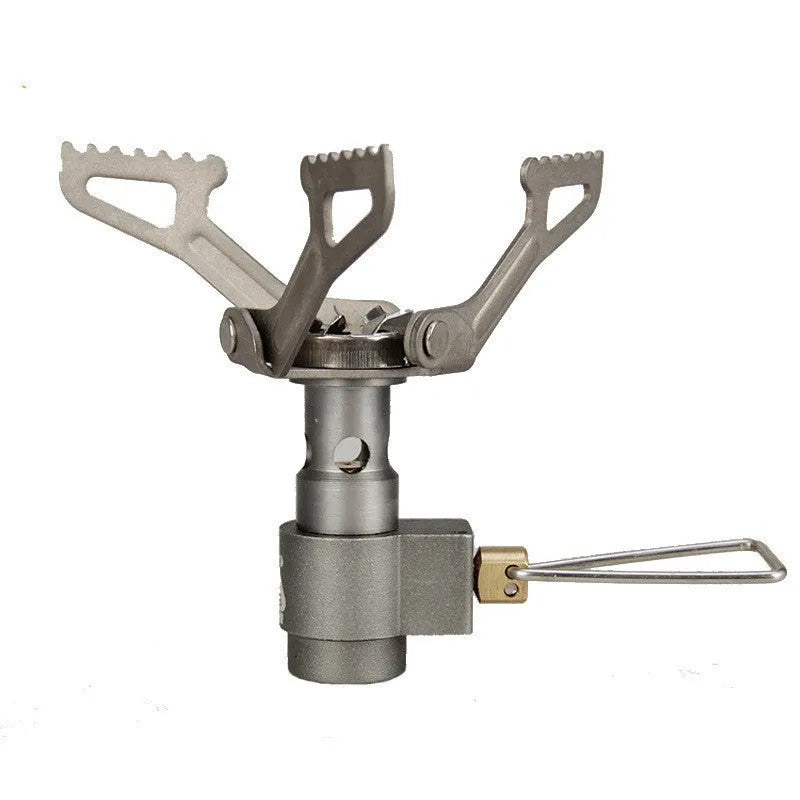 Portable propane gas camping stove with a one-piece furnace structure.