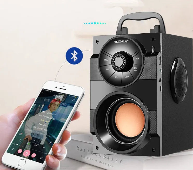 Portable mini home audio system with subwoofer, main unit, satellite boxes, and 1.2-metre connection cable