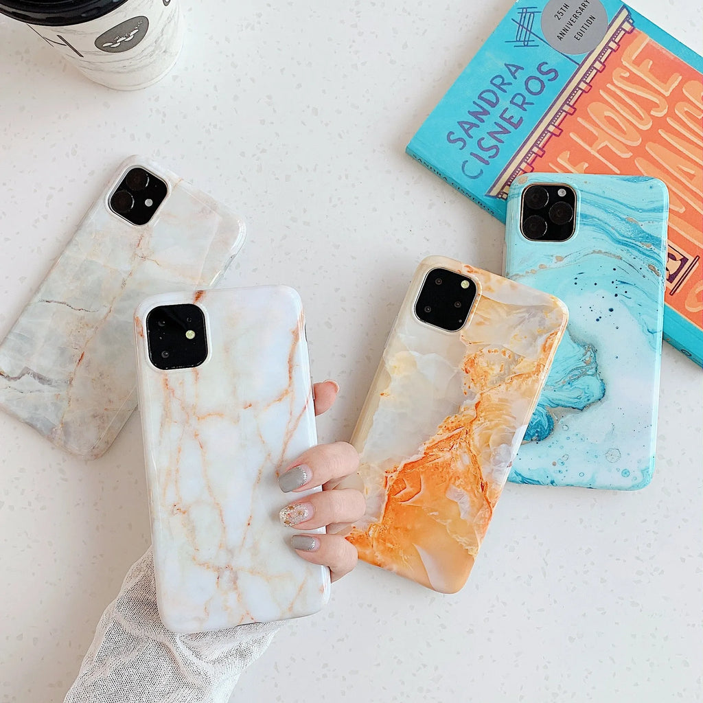 Frosty marble silicone phone case for iPhone, black back cover with geometric pattern