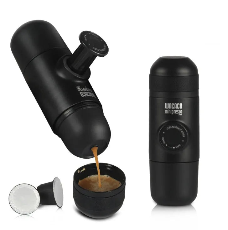Black portable manual coffee machine measuring 6cm by 17.5cm with stainless steel components