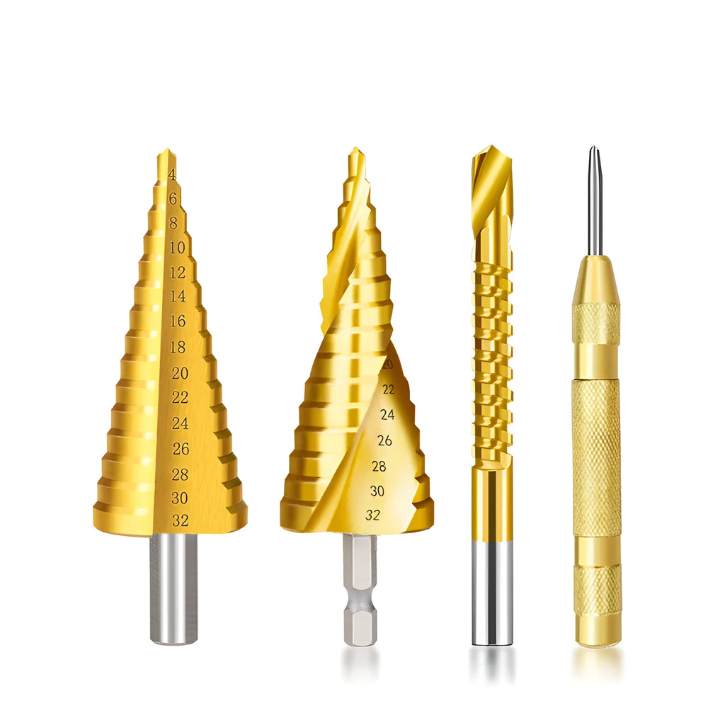 High speed steel step drill bits and a centre punch arranged as a set for hole enlargement.